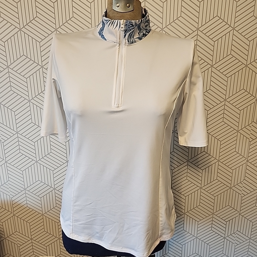 Tommy Bahama Women's Short Sleeve White Golf Polo with Blue Floral Collar Medium